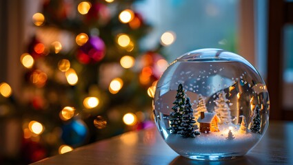 Festive snow globe with blurry christmas tree lights in background