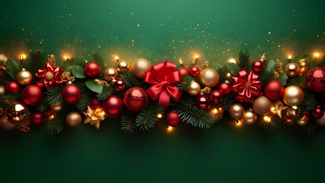Festive christmas garland with red ornaments and twinkling lights on green background - Powered by Adobe
