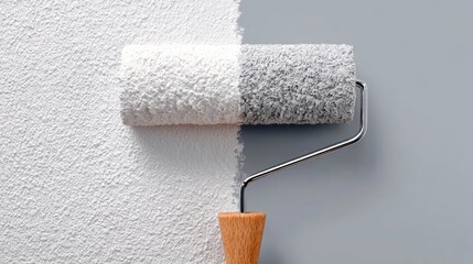 Obraz premium Fresh Paint Applied to an Old Bright Wall Showing Clear Before and After Changes in a Single Indoor Space With a Painter at Work