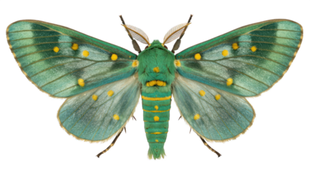 Detailed Macro Shot of a Vibrant Green and Blue Moth with Yellow Spots and Feathery Antennae Isolated on Transparent Background