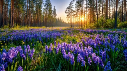 Obraz premium A vibrant field of purple hyacinth flowers stretches across a tranquil forest as the sun sets in the background. The atmosphere is calm, showcasing the beauty of nature.