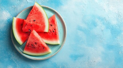 Bright and juicy watermelon slices are arranged neatly on a light blue plate. This fresh fruit is perfect for a summer snack, adding color and sweetness to any gathering.