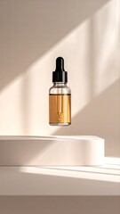 Glass dropper bottle with golden cosmetic serum levitating over a podium in natural light.