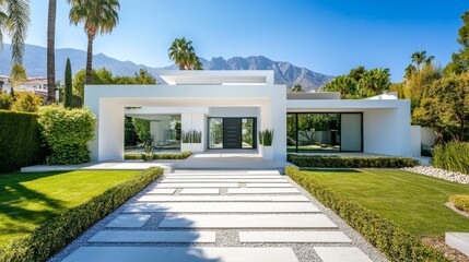 The Charming Modern Home Entrance Showcases an Inviting and Picturesque Scenic Pathway Surrounded by Lush Greenery