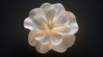 Delicate white flower lamp radiates a soft glow, illuminating its intricate petal design against a dark backdrop. The warm light enhances the flower's beauty and elegance.