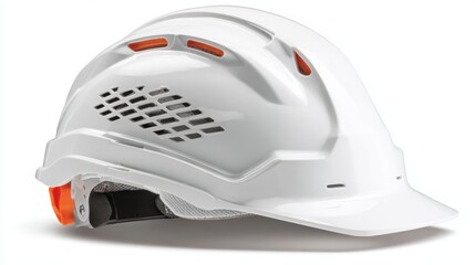 A sturdy white safety helmet is placed on a clean surface, showcasing its breathable design and adjustable inner straps for comfort and protection during construction activities.