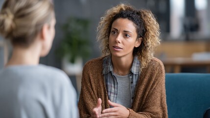Two women are seated in a cozy space, engaged in a serious discussion. One woman listens attentively while the other speaks passionately, conveying strong emotions.