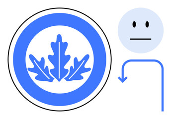 Ecology, direction, sustainability, navigation, decision-making, environmental awareness. Blue leaf within a circle, neutral face icon and downward arrow. Ecology and decision-making concept