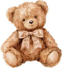 A cuddly brown teddy bear with a fancy bow, watercolor illustration.