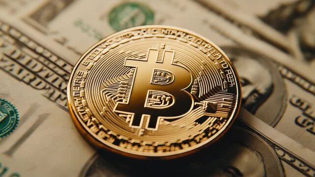 Video A golden bit coin sits atop a stack of currency, ideal for financial or monetary concepts