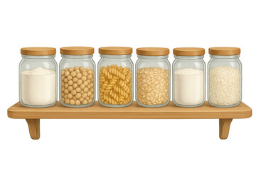 Pantry shelf with glass jars containing dry food ingredients, pasta, grains, and flour for kitchen organization, transparent background
