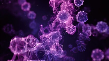 Obraz premium Bright purple and pink particles float in a cosmic space setting, connected by glowing lines. They create a mesmerizing effect, resembling a vibrant universe filled with energy.