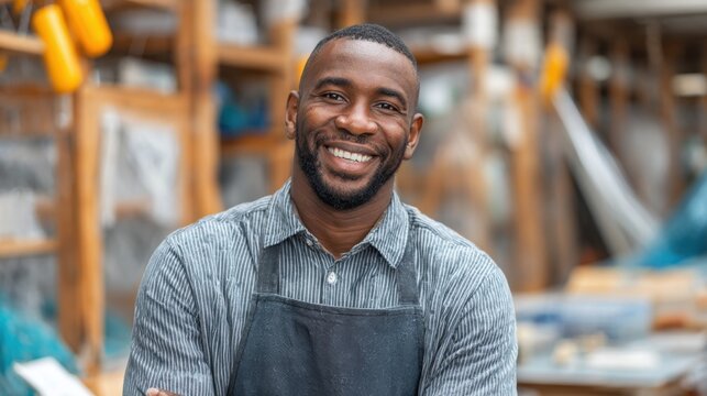 A skilled artisan stands confidently in a workshop filled with tools and materials. The warm atmosphere highlights the passion for handiwork and creativity. - Powered by Adobe