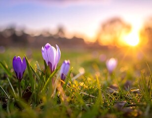 Vibrant crocus flowers in a grassy field with a warm, setting sun
