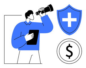 Financial security, investment planning, healthcare insurance, future vision, business strategy, protection. A man holds a telescope and tablet, with shield and dollar icons. Financial security