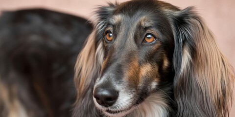 Fototapeta premium Captivating Dog Portrait showcases Elegant sighthound-type Animal with expressive Brown Eyes, luxurious Long Fur, and a serene Pet Headshot composition.