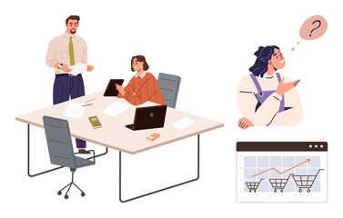 Office workers analyzing documents and laptop data, confused woman contemplating shopping decisions, growth chart showing increasing trends. Ideal for teamwork, analytics, e-commerce