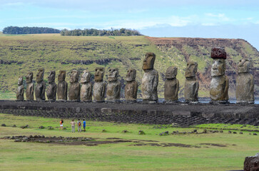 Moai Statues at Ahu Tongariki, Easter Island with Greenery and Sky