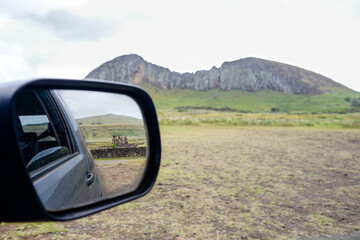 Ahu Tongariki moai statues reflected in a car mirror, Easter Island