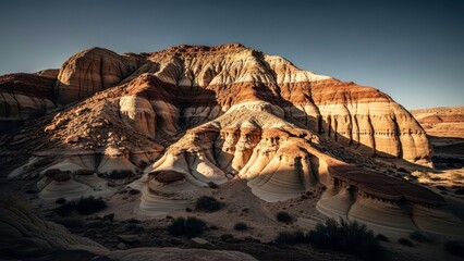 Dramatic desert landscape with colorful rock formations at sunset.