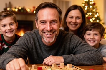 Smiling father playing board game with family by festive fireplace, warm mood