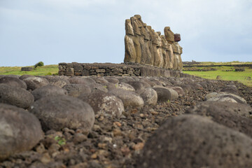 Moai Statues of Ahu Tongariki Under Cloudy Sky on Easter Island