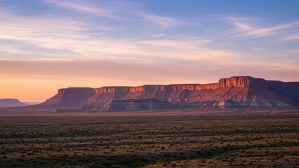 Fototapeta premium Vast outback landscape featuring a long mesa or escarpment illuminated by the warm, golden light of sunrise or sunset under a colorful sky