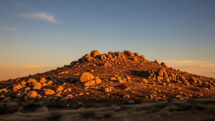 Golden hour illumination on a rocky desert hill covered in scattered boulders under a clear blue and orange gradient sky at sunset or sunrise