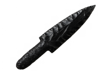 Obsidian knife with a finely knapped blade and handle, representing ancient craftsmanship, a prehistoric tool on a transparent background