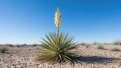 A solitary yucca plant with a tall stalk of white blossoms stands prominently in the arid, rocky desert landscape under a clear, bright blue sky