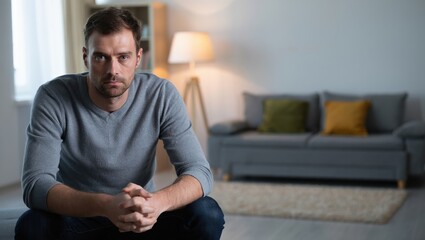 Fototapeta premium Solitary man seated in a dim living room, expressing silent isolation and pensiveness