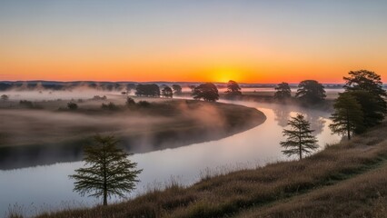 Misty river winding through a rural landscape at sunrise with warm orange light illuminating the fog hovering over the water and surrounding field