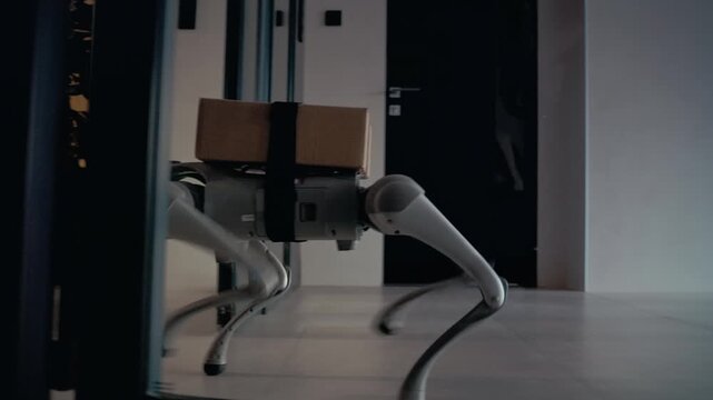 An autonomous robotic dog with a secured package walks through a sleek, modern building lobby. This clip showcases the future of contactless, AI-powered delivery services.