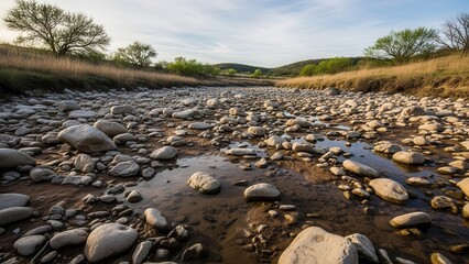 Low angle view of a dry, rocky creek bed with small pools of water reflecting the sky and surrounded by dry grass and trees under a bright sky in a natural landscape setting