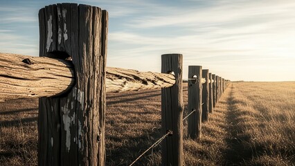 Weathered wooden fence posts line a rural field under a bright, warm sunset sky, creating a strong sense of depth and rustic country landscape