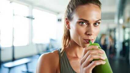 Energized athletic woman sipping a green smoothie in gym with confident expression