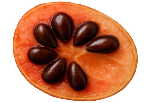 Sapodilla fruit half on transparent background featuring brown seeds, ripe tropical food cross section with sweet pulp