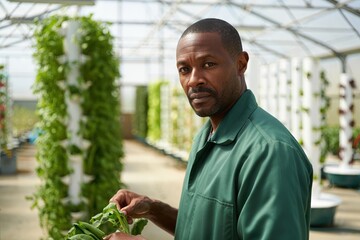 American farmer tending vertical greenhouse crops with determined focused gaze