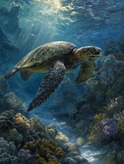 Fototapeta premium Giant Sea Turtle Swims Above Coral Reef Representing Ancient Wisdom in Polynesian Culture During Bright Daylight Hours