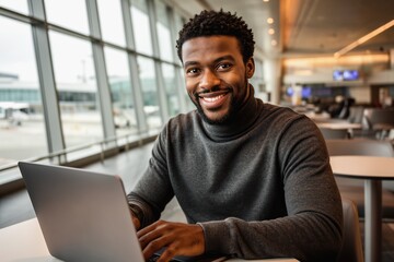 Obraz premium Smiling man with trimmed beard working on a laptop in an airport lounge