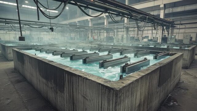 Medium shot of zinc electrolysis tanks with bubbling liquid and metallic surfaces showcasing industrial zinc production through electric current.