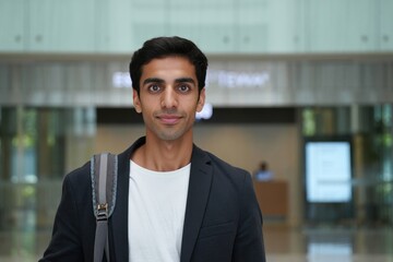 Young man with short dark hair and warm brown eyes in a blazer with backpack