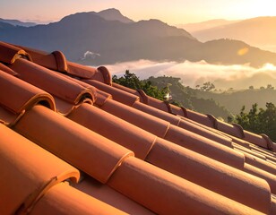 View from a tiled roof at dawn over mountains and low-lying clouds