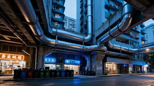 Medium shot depicting underground pneumatic garbage tubes in cityscape highlighting modern waste management technology in mixeduse zones