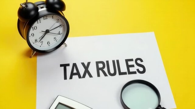 Video A person using a calculator, magnifying glass, clock, and tax rules to work on taxes