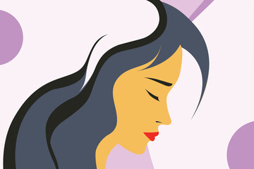 Elegant minimalist female profile illustration with long wavy dark hair and closed eyes on a soft pastel abstract background, modern flat vector art of serene woman, beauty, fashion and inner peace.