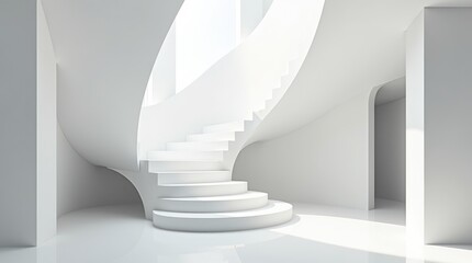 White sculptural staircase in a minimalist entry hall, flowing architectural serenity, grand interior design. Cloud Dancer Color of 2026.