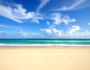 Wide ocean view with sandy beach under a vibrant blue sky and clouds