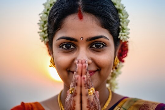 Indian woman with folded hands in Namaste during Makar Sankranti sunrise