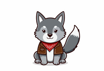 Obraz premium Adorable Cartoon Wolf in Cowboy Jacket and Red Bandana Capturing a Playful and Charming Expression Against a Simple White Background
